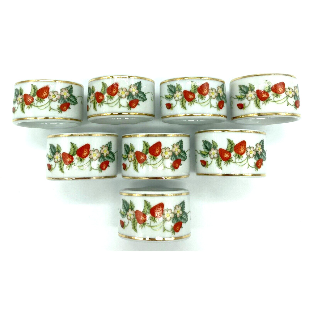 Vtg Avon Ceramic Napkin Holders White w Strawberry Blossoms Gold Trim Set of 8